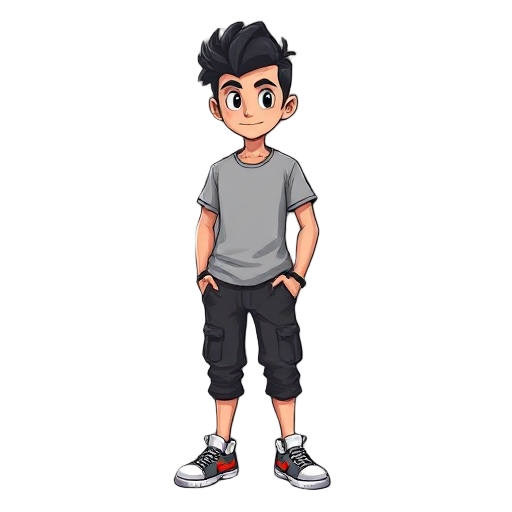 cabelo bagunçado, castanho escuro ou preto, com um visual levemente estilizado (corte moderno, mas adaptável).  usa roupas casuais (camiseta, calça, tênis), destoando totalmente do mundo de fantasia e