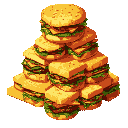 a massive pile of cheese burgers