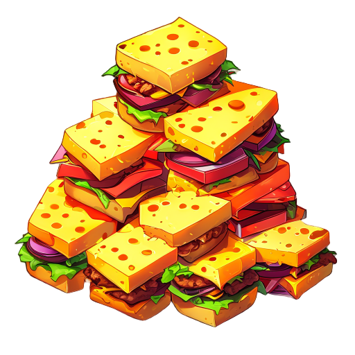 a massive pile of cheese burgers