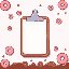 pixel-art clipboard with a donut-themed border background