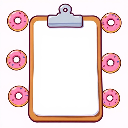 pixel-art clipboard with a donut-themed border.