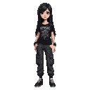 goth girl with long black hair and black metal tshirt, medium size body, baggy cargo jeans