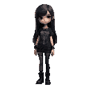 goth girl with long black hair and black metal tshirt, medium size body
