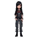 goth girl with long black hair and black metal tshirt, medium size body, baggy cargo jeans