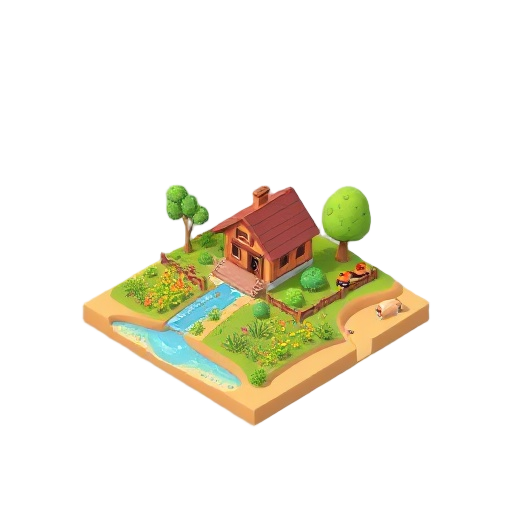 full farm in sun haven style with plants, a house, a river and a beach