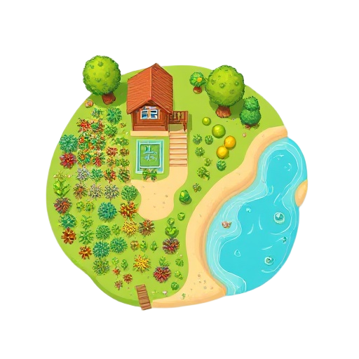 full farm in sun haven style with plants, a house, a river and a beach