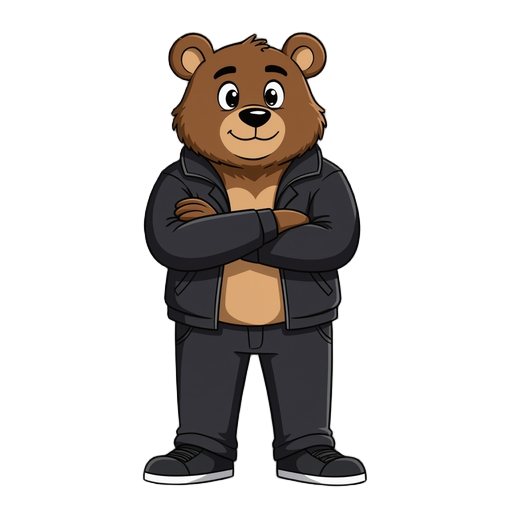 anthropomorphic brown bear, black shoes,black jacket,black trousers, crossed arms