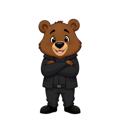 an anthropomorphic brown bear, wearing black jacket and black trousers. he has crossed arms