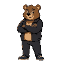 anthropomorphic brown bear, black shoes,black jacket,black trousers, crossed arms
