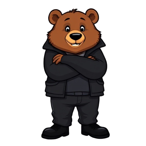 an anthropomorphic brown bear, wearing black jacket and black trousers, black shoes. he has crossed arms.3/4 view