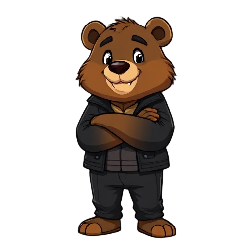 an anthropomorphic brown bear, wearing black jacket and black trousers. he has crossed arms.