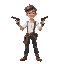 a young man who is out on adventure, he has a white shirt with a belt and suspenders. and he holds a pistol with his both hands