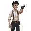 a young man who is out on adventure, he has a white shirt with a belt and suspenders. and he holds one pistol with both hands, facing to the right. he has black hair. and the guy needs to be realistic