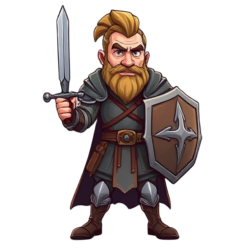 we need to see the full body of the character. the character is looking forward. a medieval warrior with sword and shield. middle aged man with bold head and with full armored. 