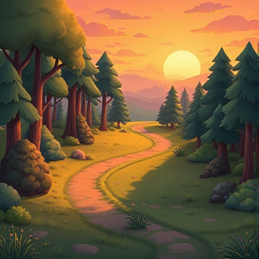 tilemap for a cinematic cozy sunset forest with plain fields and paths and roads and grass and bushes, tileset