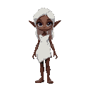 a female elf with dark brown skin, purple eyes, white hair, wearing a white tunic