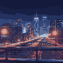 view of a modern city at night from a bridge railing, and streetlights