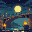 under a  modern city bridge, moon is out and a barrel fire