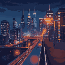 view of a modern cleaveland city at night from a bridge railing, and streetlights
