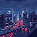 view of a modern city at night from a bridge railing