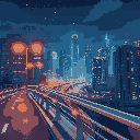 view of a modern city at night from a bridge railing, and streetlights