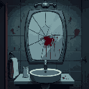 a modern bathroom with a cracked mirror, dark and dingry, front facing closer to the mirror, blood smear