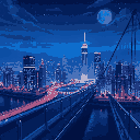 view of a modern city at night from a bridge