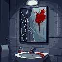 a modern bathroom with a cracked mirror, dark and dingry, closer to the mirror, blood smear