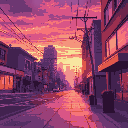 golden hour purple sky sunset, outside in the streets on the sidewalk of the city