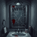 a modern bathroom with a cracked mirror, dark and dingry, front facing closer to the mirror, blood smear