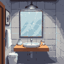 a modern bathroom with a cracked mirror