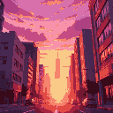 golden hour purple sky sunset, outside in the streets of the city