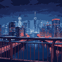 view of a modern city at night from a bridge railing, river below