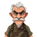 an old grandpa veteran with a moustache but no beard, wearing a camo themed barista apron, looking grumpy, mean and unhappy, detailed face and clear eyes