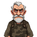 an old grandpa veteran with a moustache but no beard, wearing a camo themed barista apron, looking grumpy, mean and unhappy, detailed face and clear eyes
