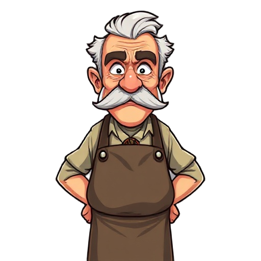 an old grandpa veteran with a moustache, wearing a barista apron, looking grumpy 