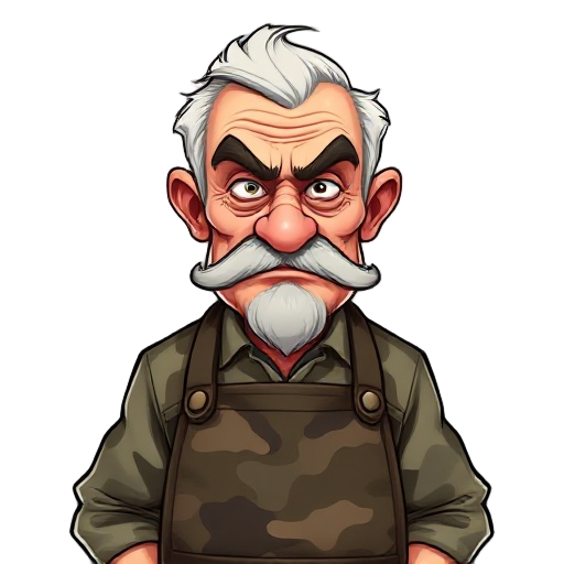 an old grandpa veteran with a moustache but no beard, wearing a camo themed barista apron, looking grumpy, mean and unhappy, detailed face and clear eyes