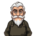 an old grandpa veteran with a moustache, wearing a camo themed barista apron, looking grumpy, detailed face and clear eyes