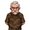 an old grandpa veteran with a moustache but no beard, wearing a camo themed barista apron, looking grumpy, mean and unhappy, detailed face and clear eyes