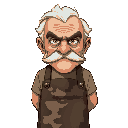 an old grandpa veteran with a moustache but no beard, wearing a camo themed barista apron, looking grumpy, mean and unhappy, detailed face and clear eyes