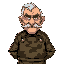 an old grandpa veteran with a moustache, wearing a camo themed barista apron, looking grumpy 