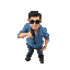 fully top down birds-eye view (satellite view from directly above head) of a regular white man in a blue shirt, dark brown hair, wearing sunglasses, holding a shotgun pointed forwards