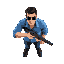 true top down view from directly above of a regular white man in a blue shirt, dark brown hair, wearing sunglasses, holding a shotgun pointed forwards