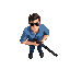 fully top down birds-eye view (satellite view from directly above head) of a regular white man in a blue shirt, dark brown hair, wearing sunglasses, holding a shotgun pointed forwards
