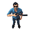 fully top down birds-eye view (camera directly above head) of a regular white man in a blue shirt, dark brown hair, wearing sunglasses, holding a shotgun pointed forwards