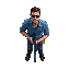 fully top down birds-eye view (satellite view from directly above head) of a regular white man in a blue shirt, dark brown hair, wearing sunglasses, holding a shotgun pointed forwards