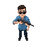 satellite view from directly above of a regular white man in a blue shirt, dark brown hair, wearing sunglasses, holding a shotgun pointed forwards