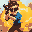 regular white man in a blue shirt, brown trousers, brown slick hair, wearing sunglasses, holding a pistol, action movie pose, slightly deranged look on his face, explosion behind him fills the frame.