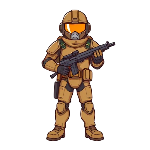 tan soldier, sci fi, orange visor, metal gauntlets, simple, rifle, boots, belt, helmet