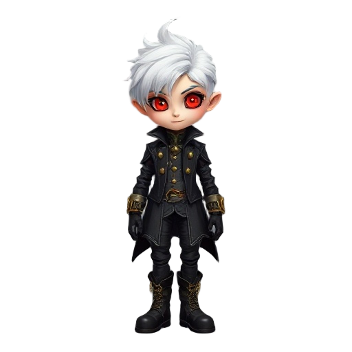 a young puppet boy with white hair and glowing red eyes, wearing a gothic fantasy coat, vest, and boots. steampunk details like buttons, belts, and gloves style, like castlevania